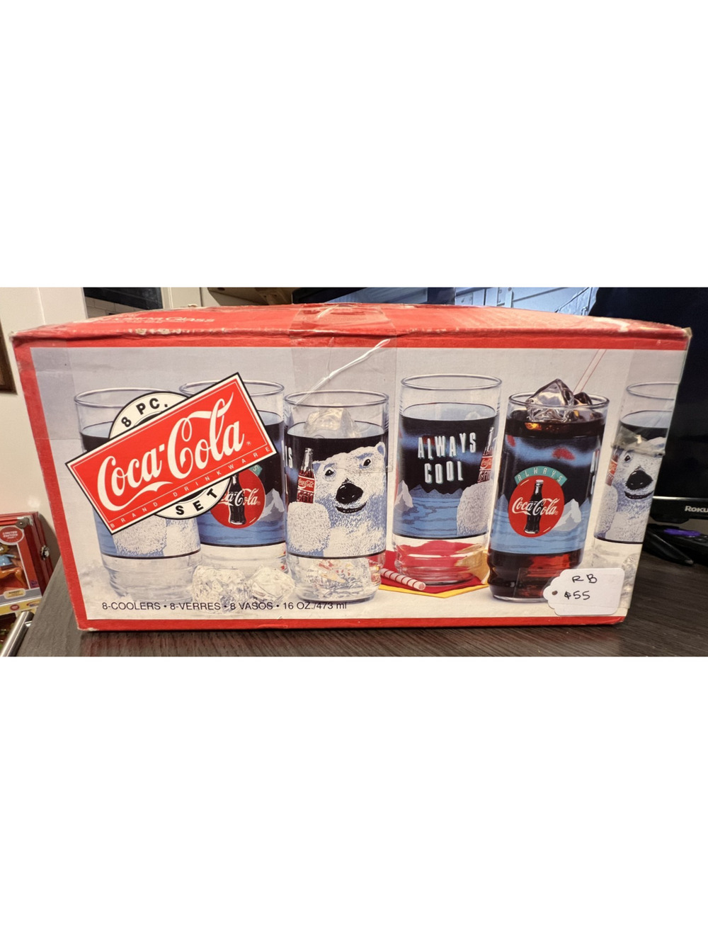 Coca Cola Christmas Polar Bear 16oz 8pc Tumbler Set 1995 Indiana Glass NIOB
